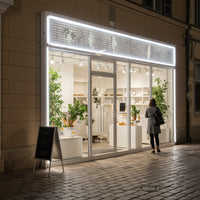 Woman standing outside bright modern storefront at night