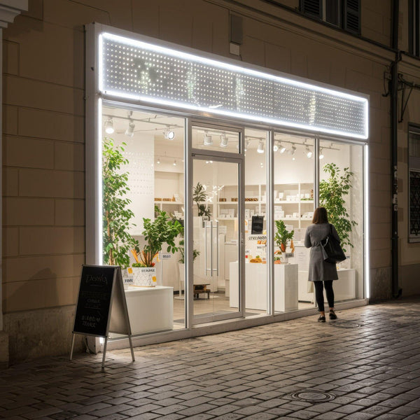 Woman standing outside bright modern storefront at night JPG Mockup Image