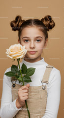 Young Girl with Pale Peach Rose Portrait on Soft Beige Background