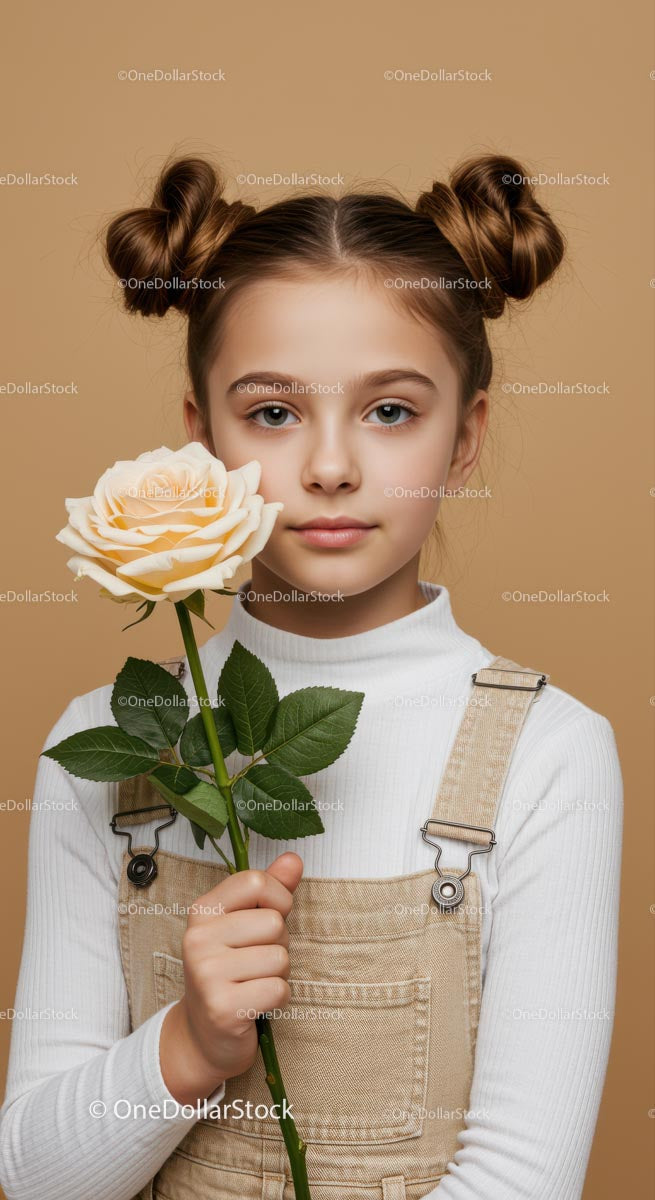 Young Girl with Pale Peach Rose Portrait on Soft Beige Background