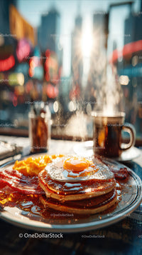 Stack of Fluffy Pancakes with Melted Butter and Syrup