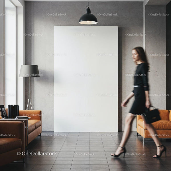 Woman walking past blank canvas in modern living room JPG Mockup Image