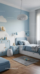 Modern Blue and White Children's Bedroom with Cloud Decor and Wooden Floor