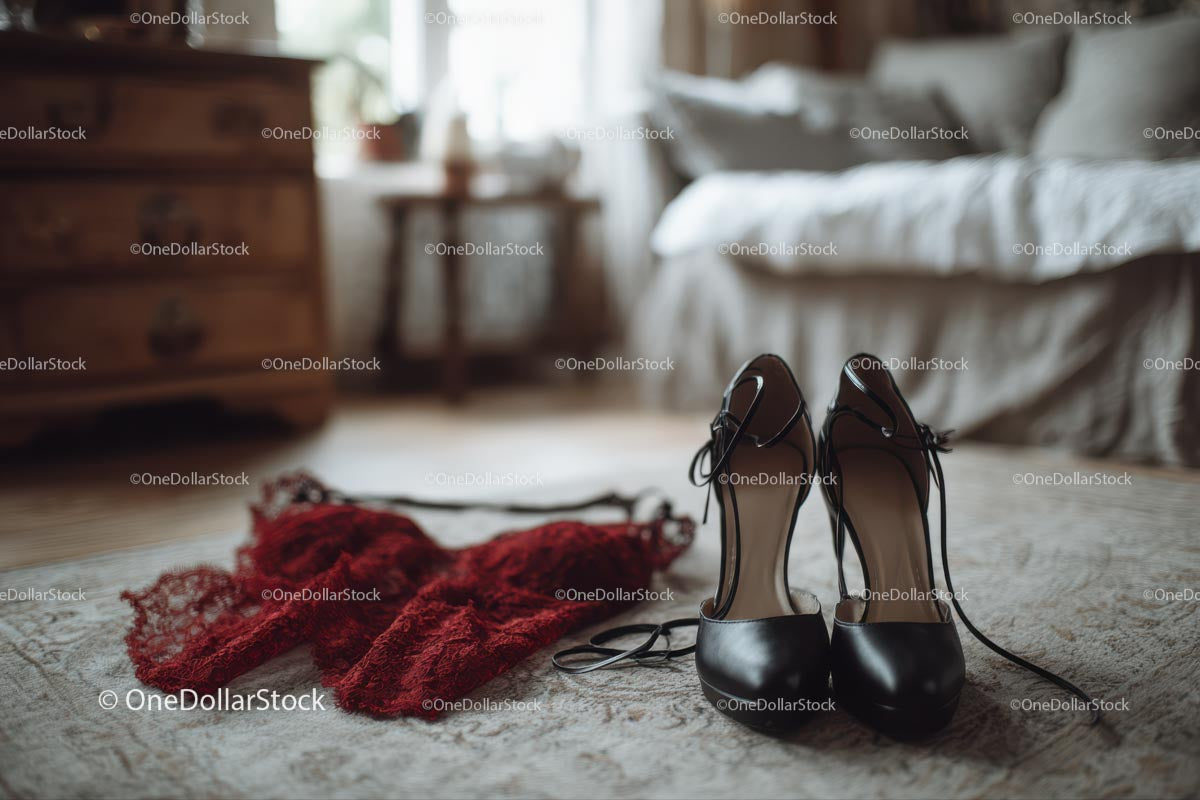 Chic Black Heels and a Red Lace Dress in a Cozy Bedroom Setting