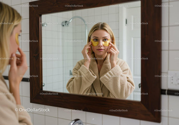 Woman Applying Gold Eye Patches in Bathroom Mirror