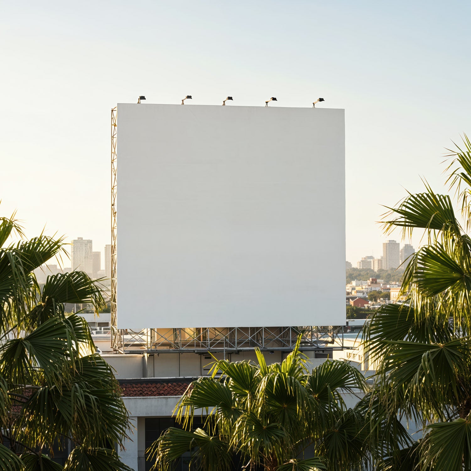 Empty Outdoor Movie Screen Surrounded by Palm Trees