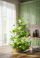 Fresh green salad ingredients in glass bowl on kitchen table