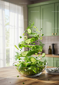Fresh green salad ingredients in glass bowl on kitchen table