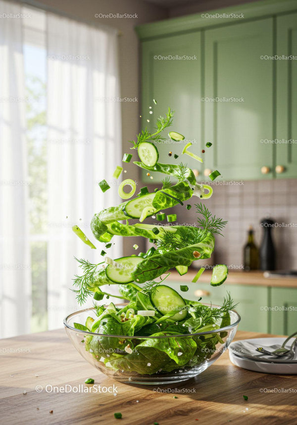 Fresh green salad ingredients in glass bowl on kitchen table