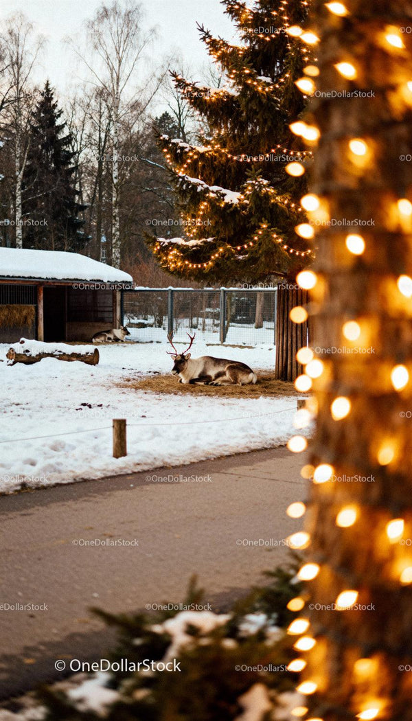 Reindeer resting in snowy winter park with festive lights