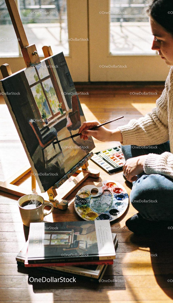 Person Painting Interior Scene with Watercolors at Home