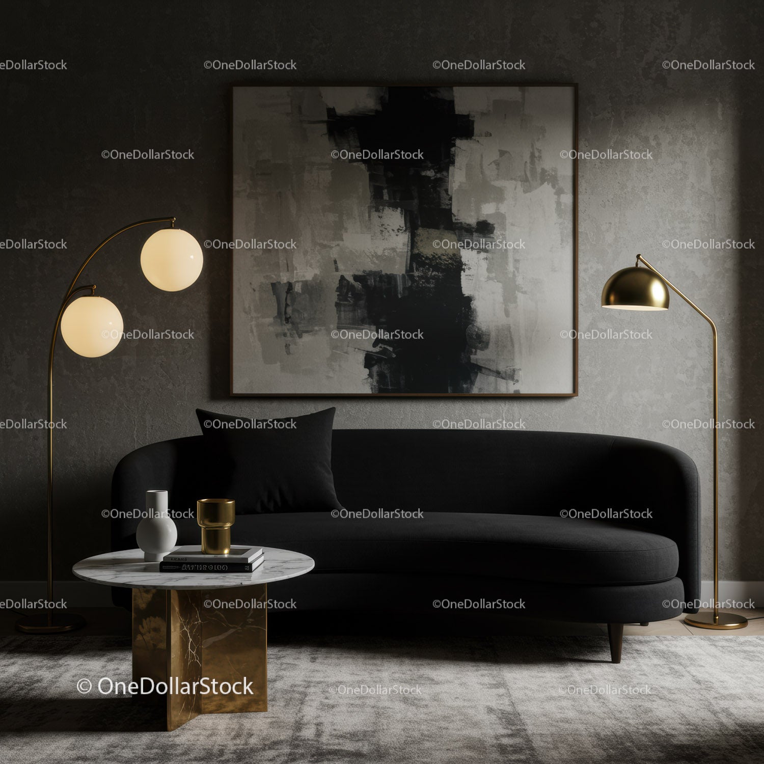 Nowoczesna czarna sofa ze złotymi akcentami w stylowym salonie