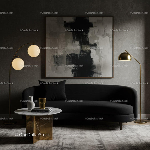 Modern black sofa with gold accents in stylish living room