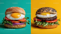 Gourmet Beef and Veggie Burgers with Egg in Bright Backgrounds