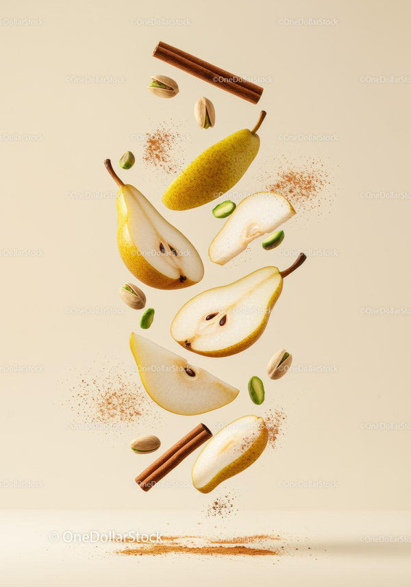 Fresh sliced pears with cinnamon and pistachios floating