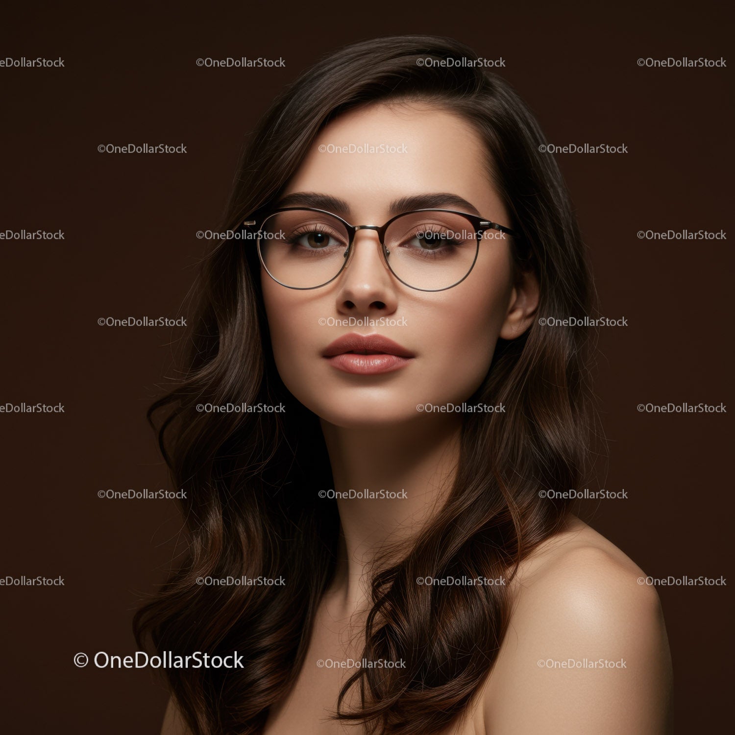 Elegant Woman with Glasses and Wavy Hair in Studio Portrait