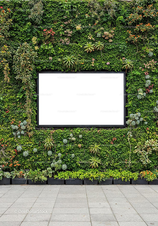 Lush Vertical Garden Surrounding Blank Billboard Outdoors JPG Mockup Image