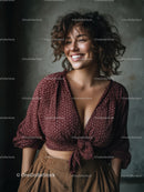 Joyful Woman with Curly Hair Wearing Burgundy Blouse and Beige Skirt