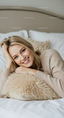 Smiling woman relaxing on bed with cozy pillow