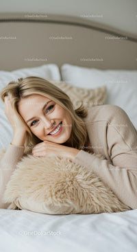 Smiling woman relaxing on bed with cozy pillow