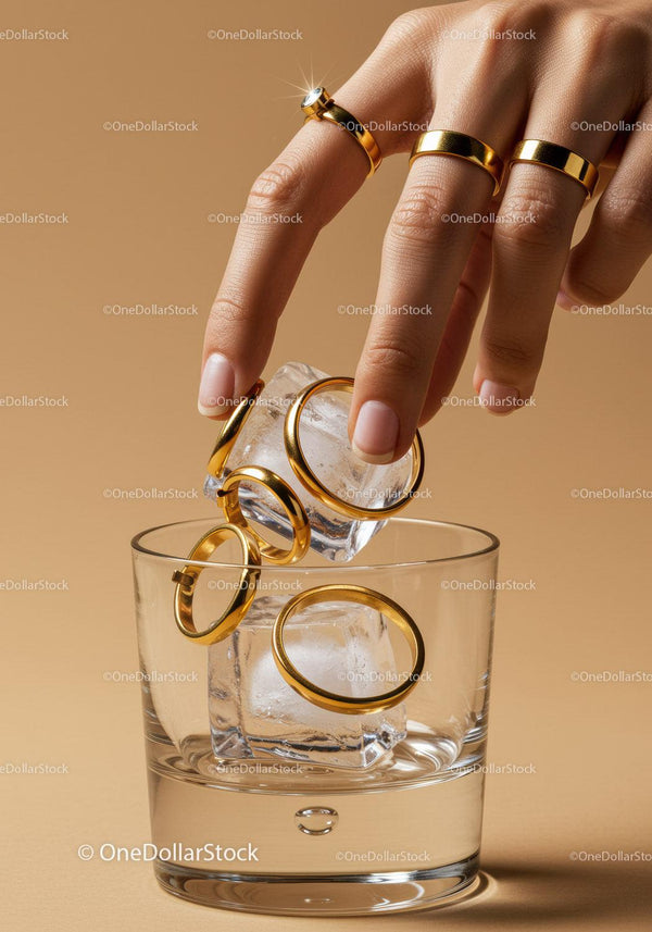 Hand Placing Gold Rings on Ice in Glass Tumbler