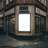 Bright Blank Billboard on Urban Corner Store Exterior