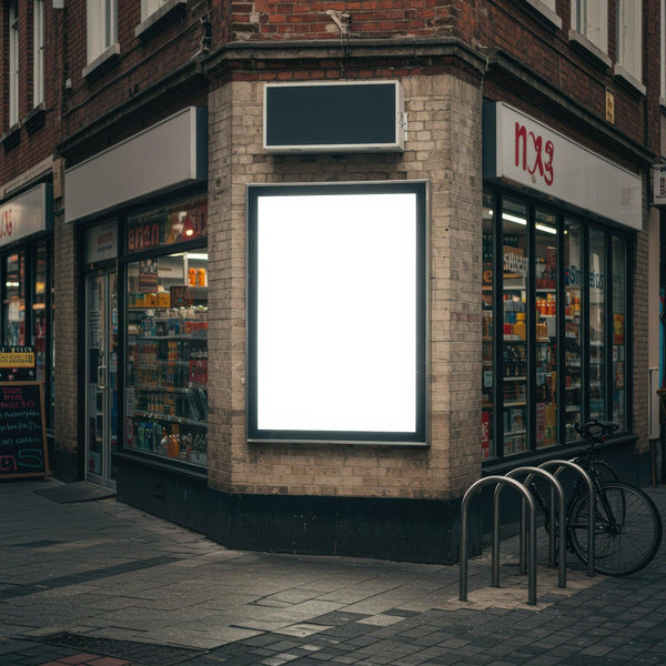 Bright Blank Billboard on Urban Corner Store Exterior JPG Mockup Image