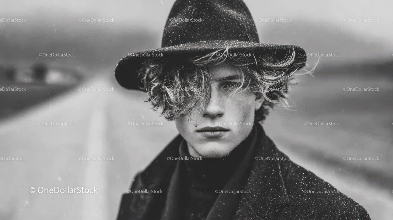 Black and White Portrait of Young Man with Wavy Hair and Edgy Style