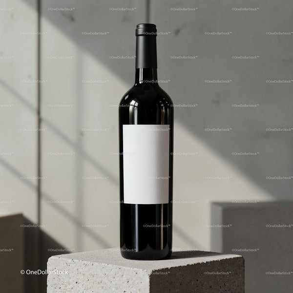 Minimalist wine bottle with blank label on concrete block JPG Mockup Image