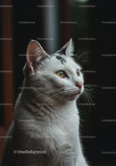 White cat with yellow eyes looking outside window