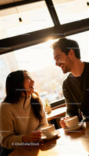 Couple Sharing Warm Coffee and Smiles in Sunlit Cafe