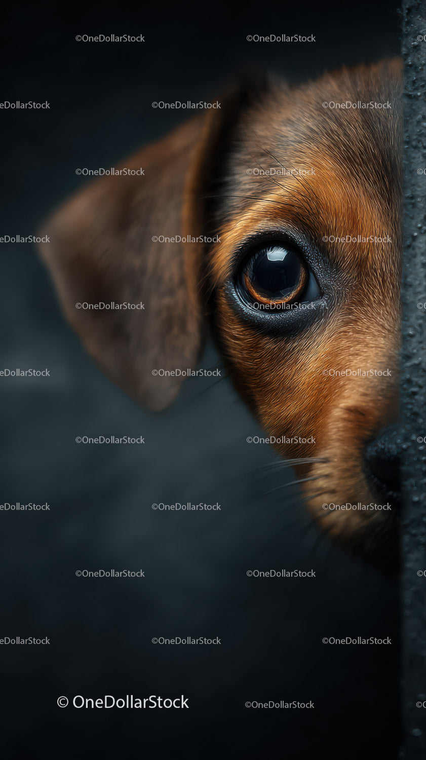 Close-up of a Curious Brown Dog Peeking Through a Dark Surface
