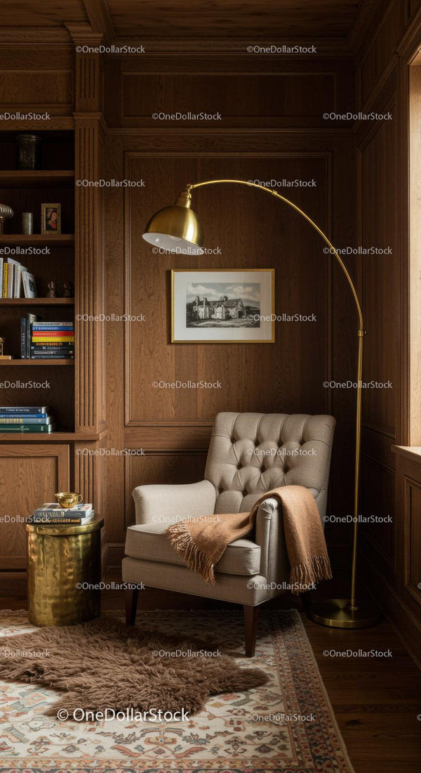 Cozy reading nook with armchair and brass floor lamp