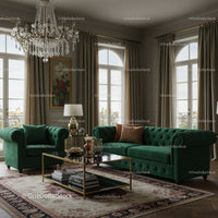 Elegant Living Room with Green Velvet Sofas and Crystal Chandelier