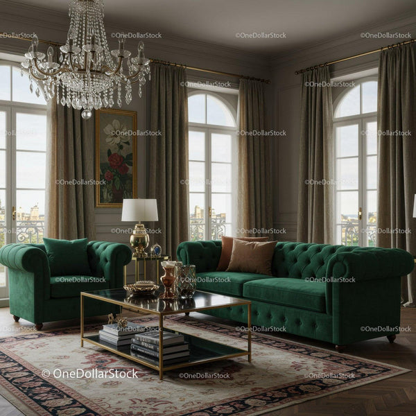 Elegant Living Room with Green Velvet Sofas and Crystal Chandelier
