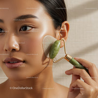 Close-up of a Woman Using Jade Roller for Facial Massage Beauty Care
