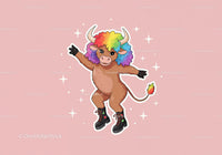 Colorful Cartoon Bison with Rainbow Hair Wearing Sneakers