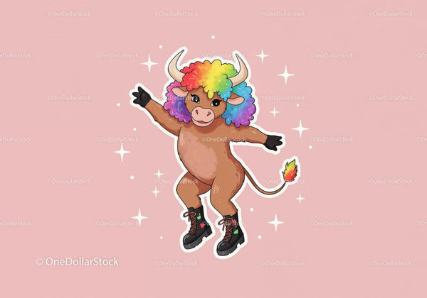 Cute Cartoon Cow With Rainbow Afro Hairstyle