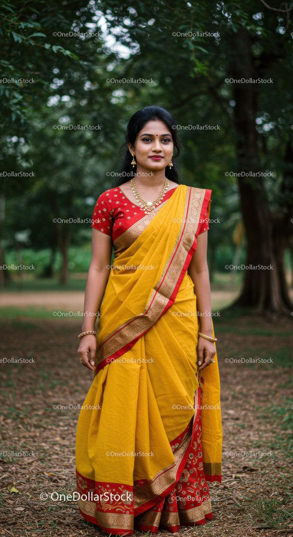 Elegant Woman in Yellow and Red Saree Standing in Forest