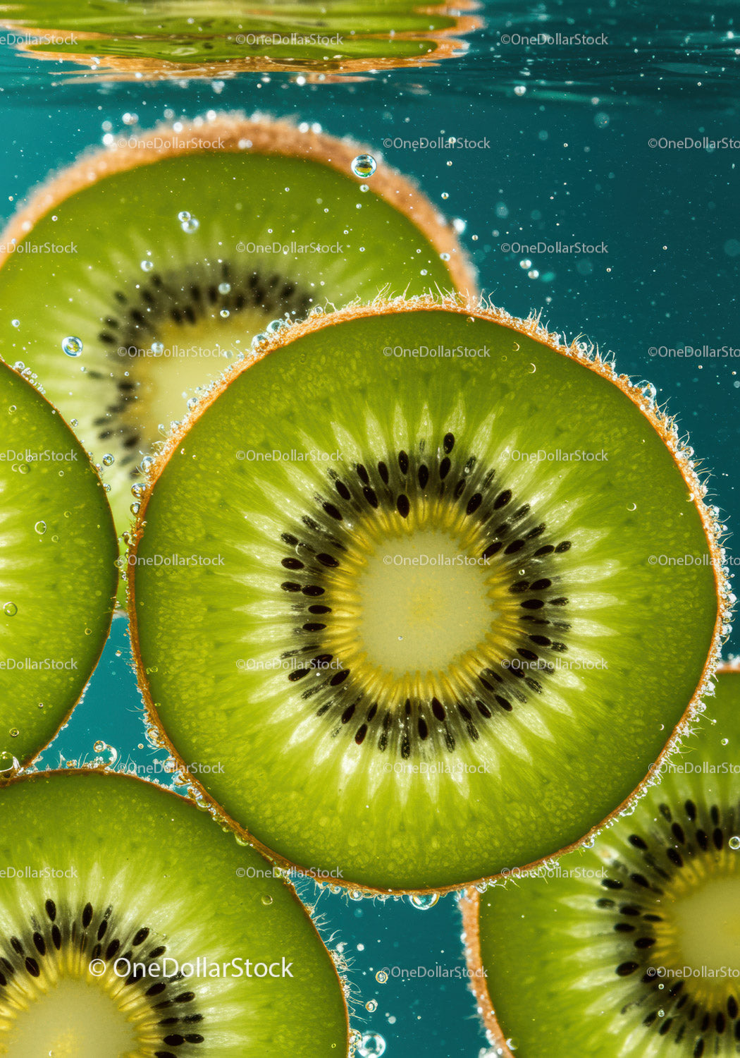 Fresh kiwi slices submerged in clear sparkling water