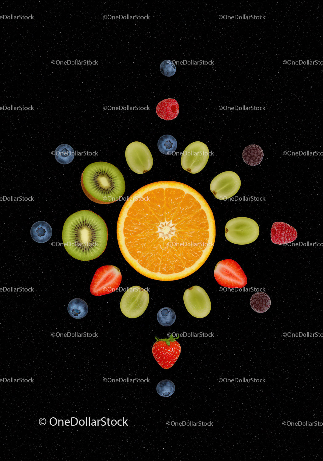 Fresh mixed fruits arranged on black background