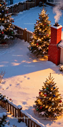 Christmas trees glowing warmly in snowy backyard
