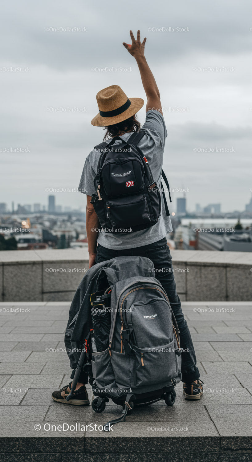 Traveler with hat and backpack enjoying city view outdoors