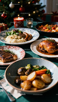 Festive holiday dinner with roasted meat and vegetables