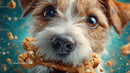 Close-up of a joyful dog with a cookie in its mouth