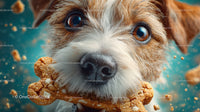 Close-up of a joyful dog with a cookie in its mouth