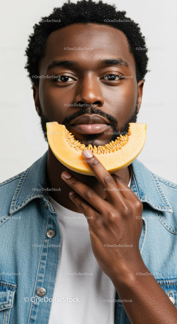 Close-up of a Man with Melon Slice in a Bright Studio Setting
