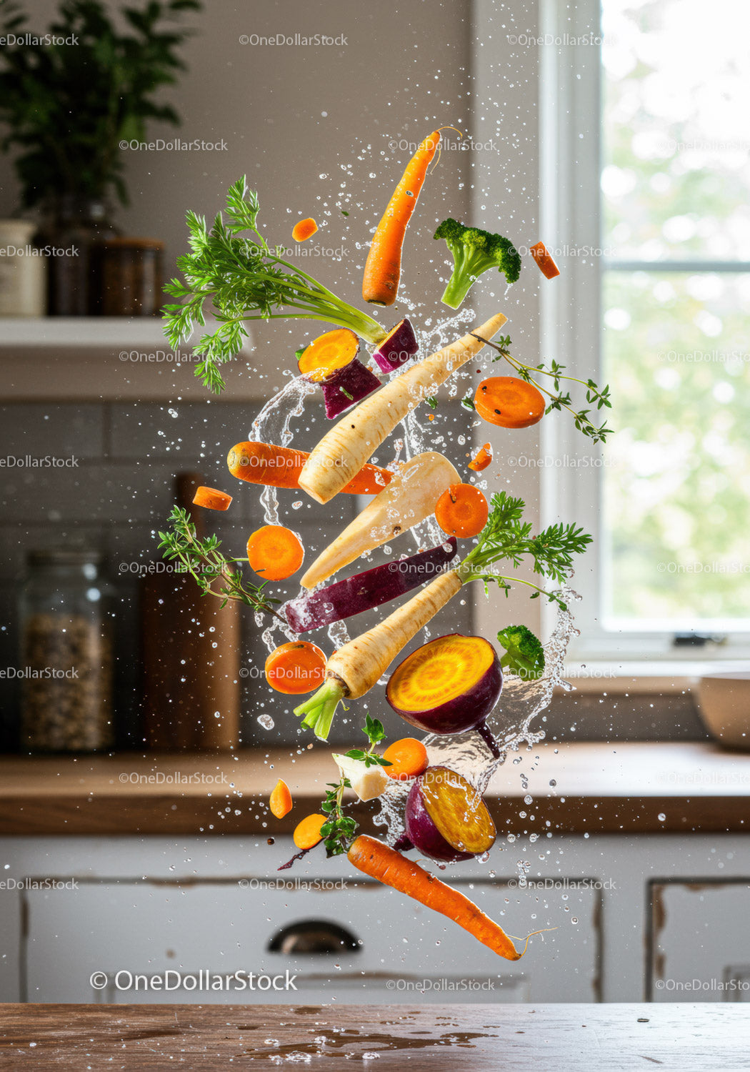 Fresh Vegetables Splashing in Bright Kitchen Light