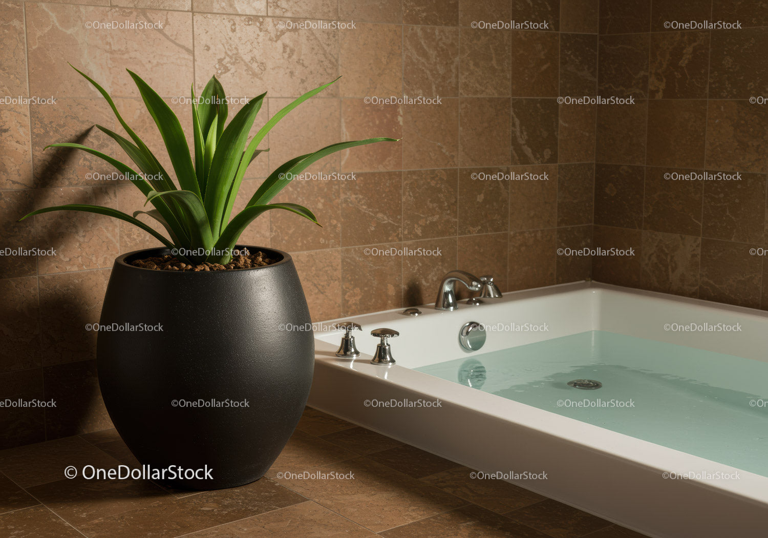 Modern Bathroom Scene with Potted Plant and Bathtub