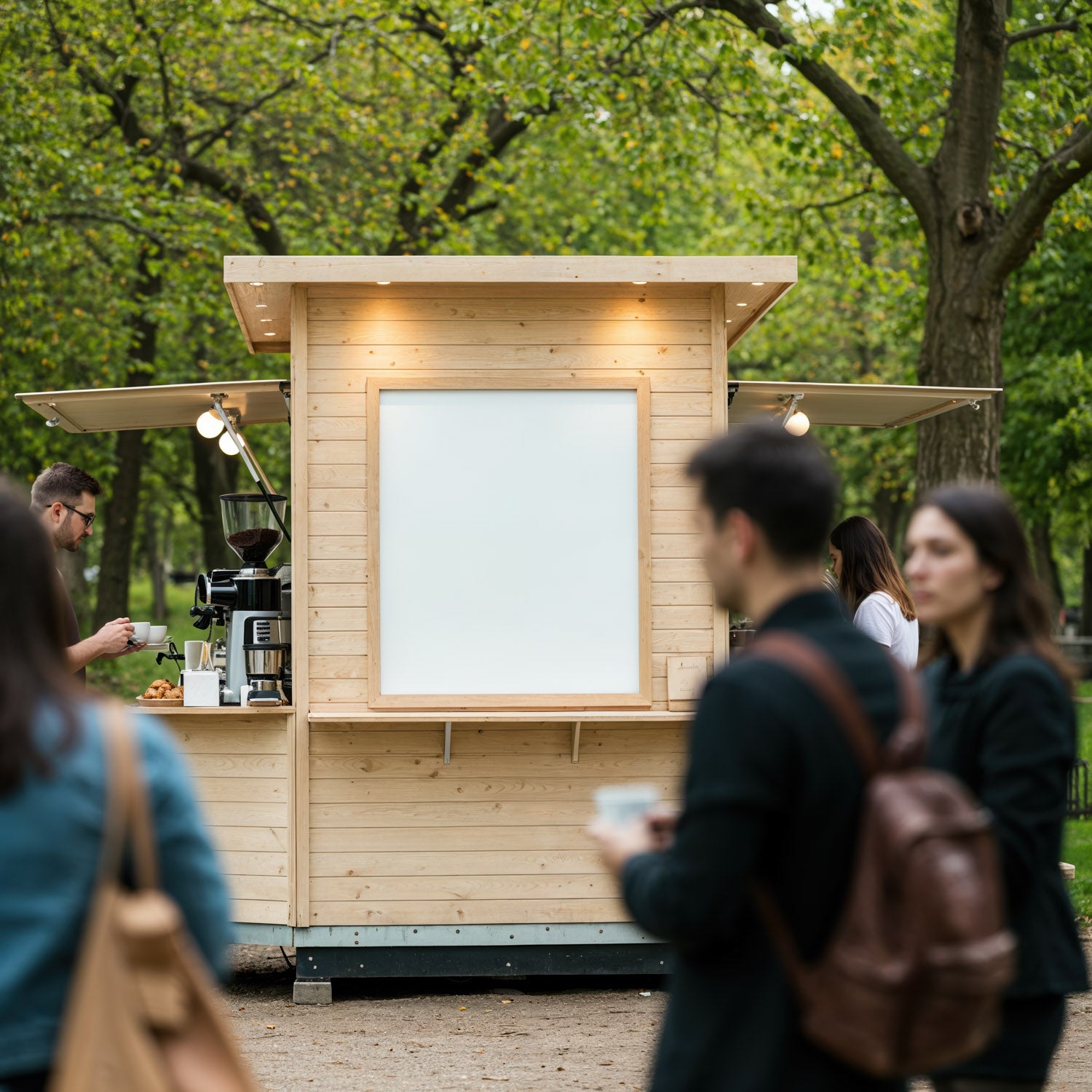 Minimalistyczny drewniany kiosk z kawą w miejskim parku zielonym